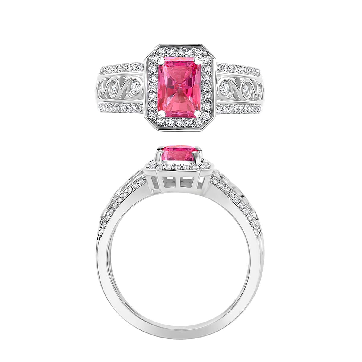 D'Joy Premium Ouro Fino Rubellite and White Zircon 2.34 ctw Ring in Rhodium Over Sterling Silver (Size 6.0)