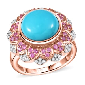 D'Joy Premium Sleeping Beauty Turquoise and Multi Gemstone 6.60 ctw Floral Ring in 18K Vermeil Rose Gold Over Sterling Silver (Size 6.0) 