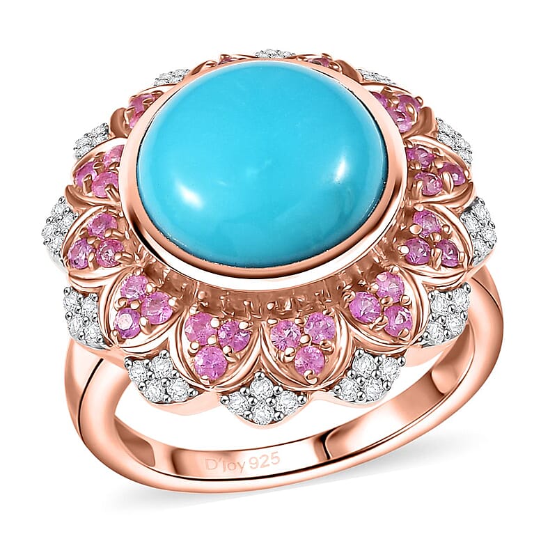 D'Joy Premium Sleeping Beauty Turquoise and Multi Gemstone 6.60 ctw Floral Ring in 18K Vermeil Rose Gold Over Sterling Silver (Size 6.0)