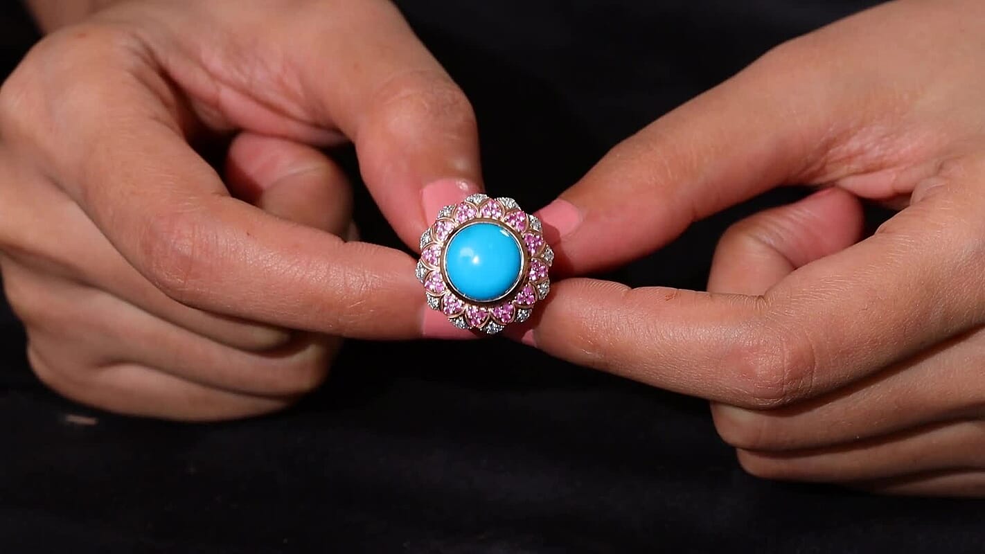 D'Joy Premium Sleeping Beauty Turquoise and Multi Gemstone 6.60 ctw Floral Ring in 18K Vermeil Rose Gold Over Sterling Silver (Size 6.0)