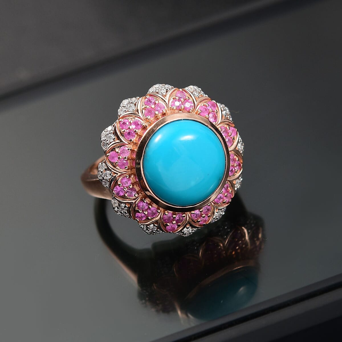 D'Joy Premium Sleeping Beauty Turquoise and Multi Gemstone 6.60 ctw Floral Ring in 18K Vermeil Rose Gold Over Sterling Silver (Size 6.0)  image number 1