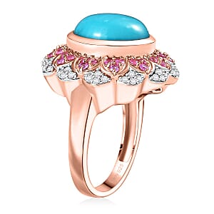 D'Joy Premium Sleeping Beauty Turquoise and Multi Gemstone 6.60 ctw Floral Ring in 18K Vermeil Rose Gold Over Sterling Silver (Size 7.0) 