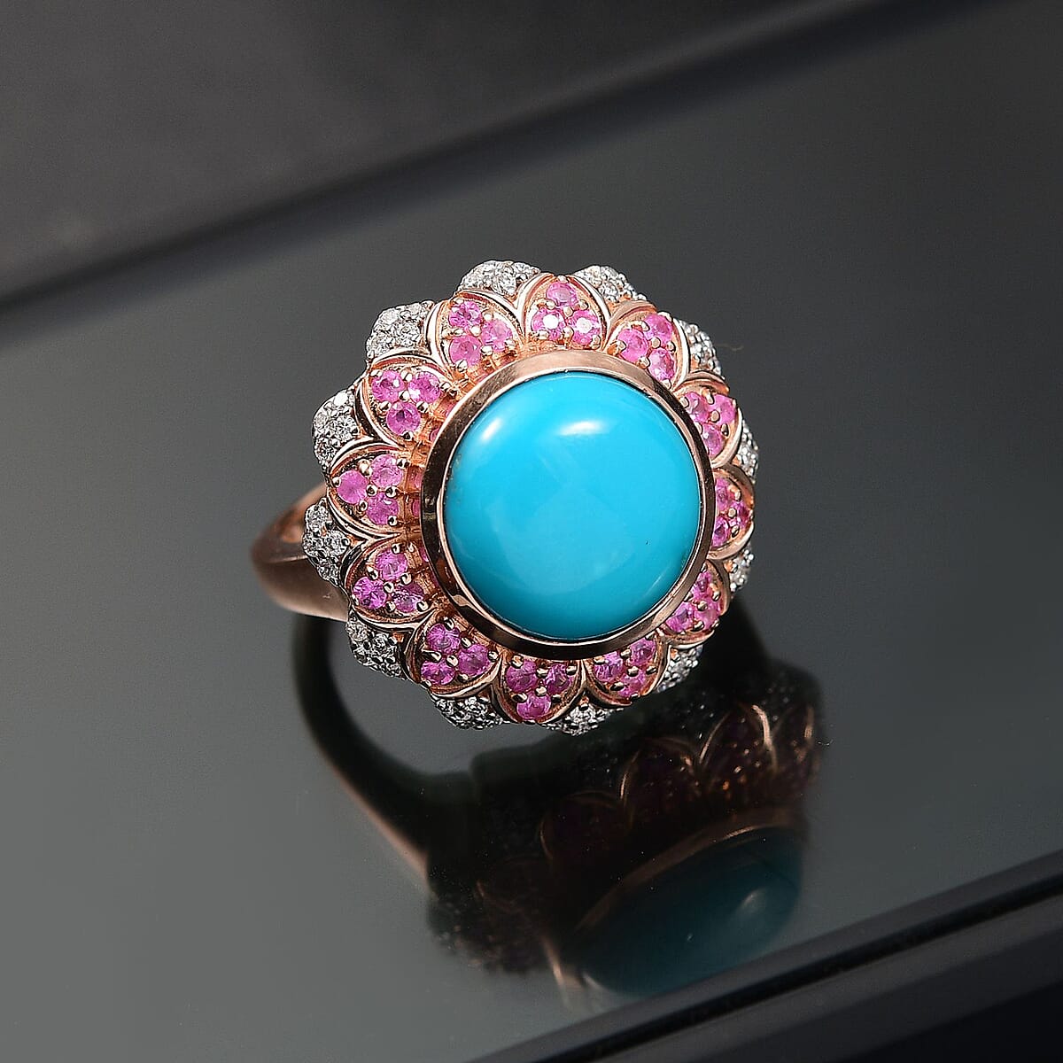 D'Joy Premium Sleeping Beauty Turquoise and Multi Gemstone 6.80 ctw Floral Ring in 18K Vermeil Rose Gold Over Sterling Silver (Size 8.0) image number 1