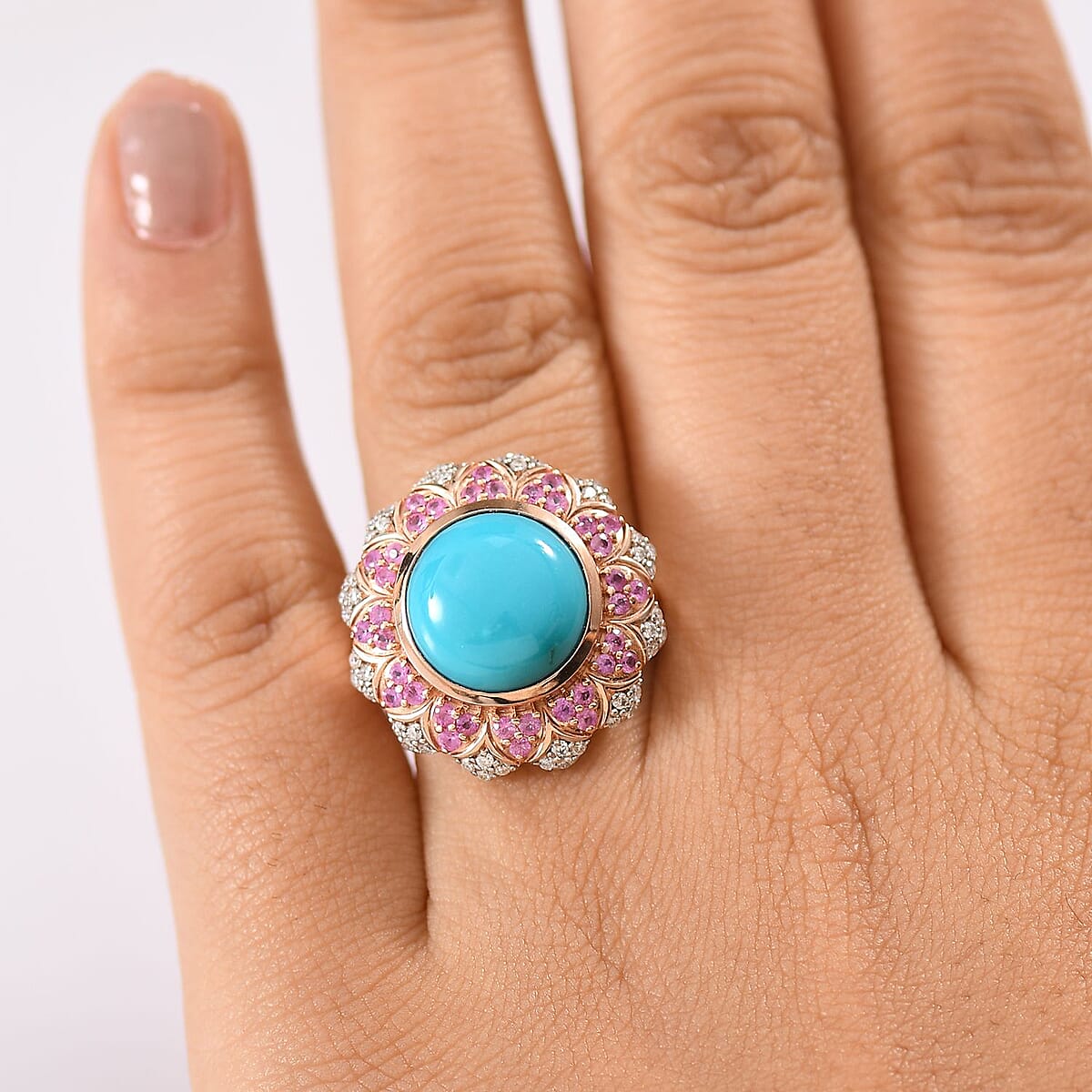 D'Joy Premium Sleeping Beauty Turquoise and Multi Gemstone 6.60 ctw Floral Ring in 18K Vermeil Rose Gold Over Sterling Silver (Size 9.0)  image number 2