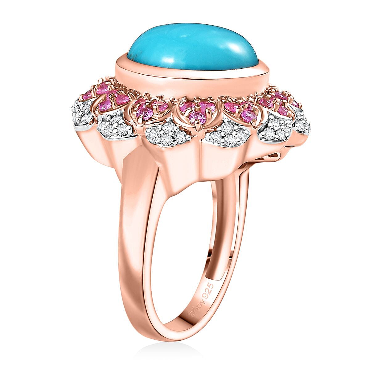 D'Joy Premium Sleeping Beauty Turquoise and Multi Gemstone 6.60 ctw Floral Ring in 18K Vermeil Rose Gold Over Sterling Silver (Size 9.0)  image number 3