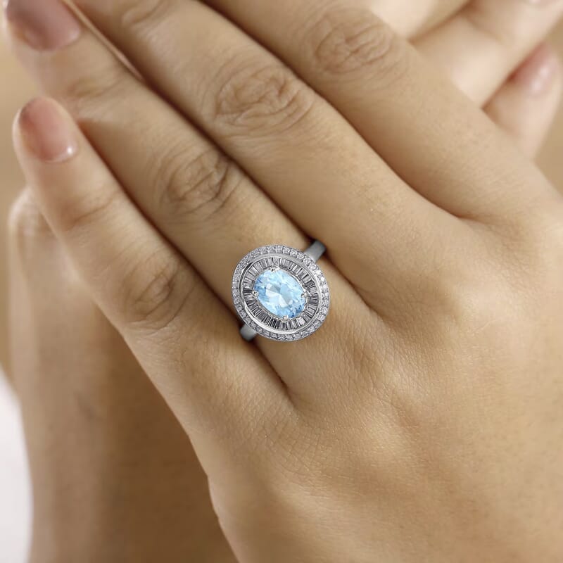 Luxoro Premium Mangoro Aquamarine and G-H I2 Diamond 2.35 ctw Ring in 14K White Gold (Size 10) 8 Grams