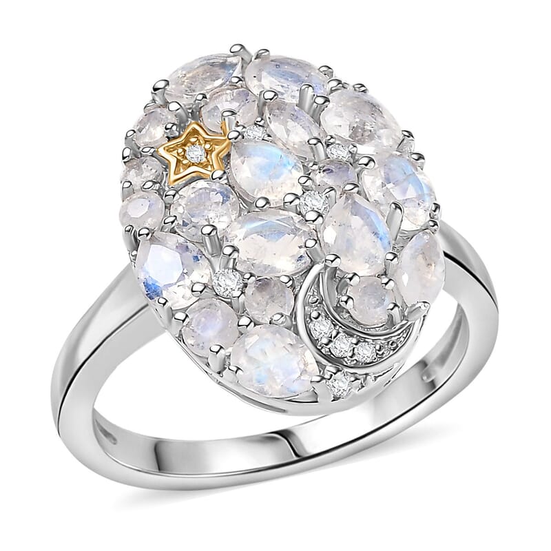 Karis Moon Glow Moonstone and White Zircon 2.00 ctw Moon Star Galaxy Ring 18K YG Plated and Platinum Bond (Size 10.0)