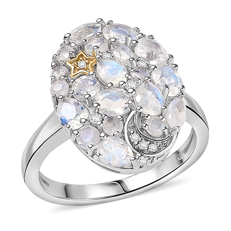 Karis Moon Glow Moonstone and White Zircon 2.00 ctw Moon Star Galaxy Ring 18K YG Plated and Platinum Bond (Size 10.0)