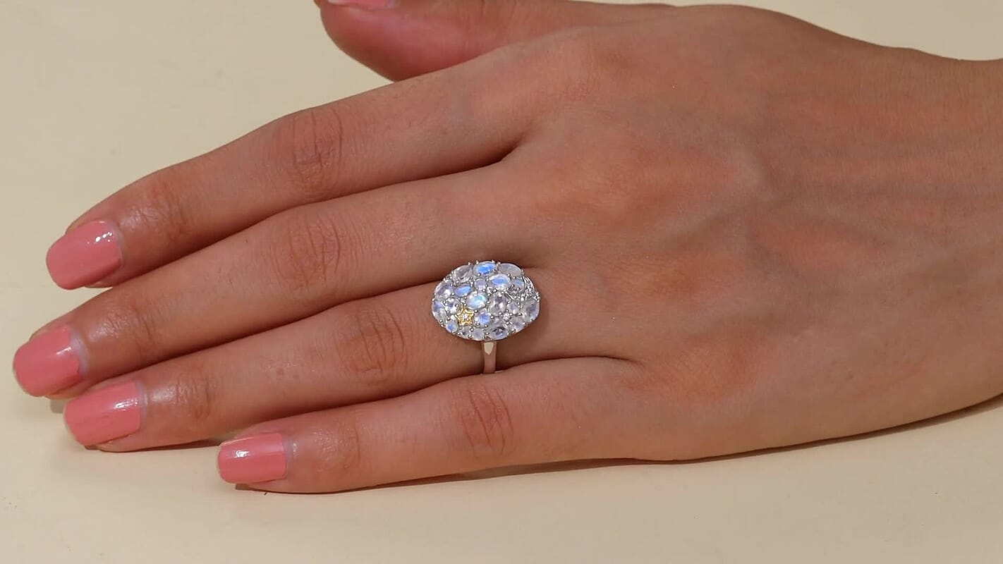 Karis Moon Glow Moonstone and White Zircon 2.00 ctw Moon Star Ring 18K YG Plated and Platinum Bond