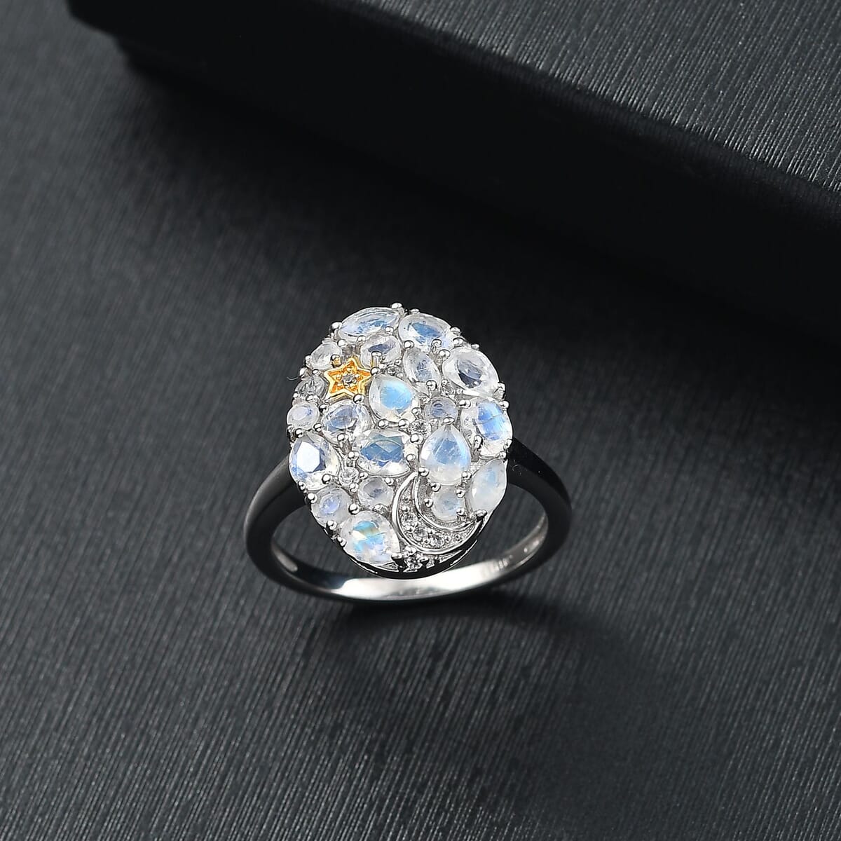 Karis Moon Glow Moonstone and White Zircon 2.00 ctw Moon Star Ring 18K YG Plated and Platinum Bond image number 1