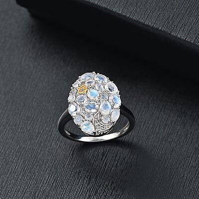 Karis Moon Glow Moonstone and White Zircon 2.00 ctw Moon Star Galaxy Ring 18K YG Plated and Platinum Bond (Size 10.0)