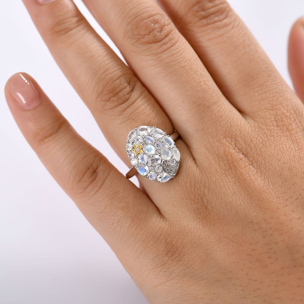 Karis Moon Glow Moonstone and White Zircon 2.00 ctw Moon Star Ring 18K YG Plated and Platinum Bond image number 2