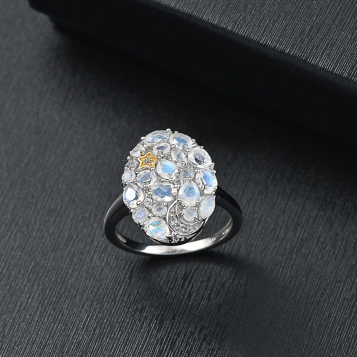 Karis Moon Glow Moonstone and White Zircon 2.00 ctw Moon Star Galaxy Ring 18K YG Plated and Platinum Bond (Size 6.0) image number 1