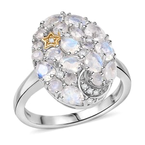 Karis Moon Glow Moonstone and White Zircon 2.00 ctw Moon Star Galaxy Ring 18K YG Plated and Platinum Bond (Size 7.0)