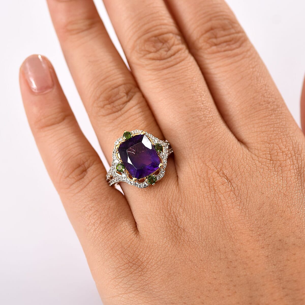 D'Joy Zambian Amethyst and Multi Gemstone 6.35 ctw Art Deco Ring in 18K Vermeil Yellow Gold Over Sterling Silver (Size 7.0) image number 2
