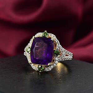 D'Joy Zambian Amethyst and Multi Gemstone 6.35 ctw Art Deco Ring in 18K Vermeil Yellow Gold Over Sterling Silver (Size 8.0)