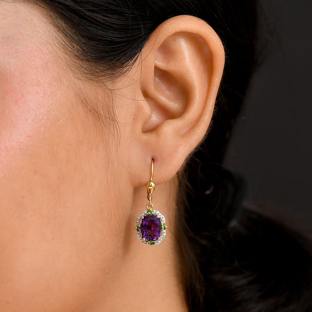 D'Joy Zambian Amethyst and Multi Gemstone 5.50 ctw Art Deco Earrings in 18K Vermeil Yellow Gold Over Sterling Silver image number 2