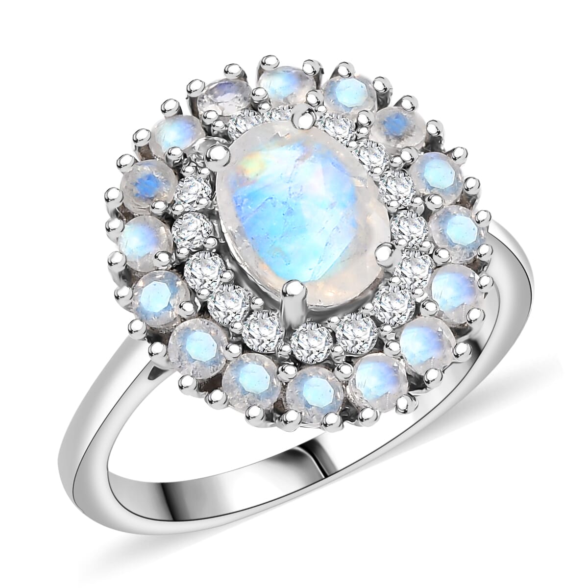 D'Joy Moon Glow Moonstone and White Zircon 2.35 ctw Celestial Elegance Ring in Platinum Over Sterling Silver (Size 10.0) image number 0