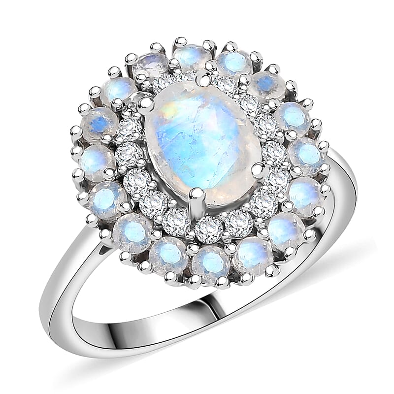 D'Joy Moon Glow Moonstone and White Zircon 2.35 ctw Celestial Elegance Ring in Platinum Over Sterling Silver (Size 10.0)