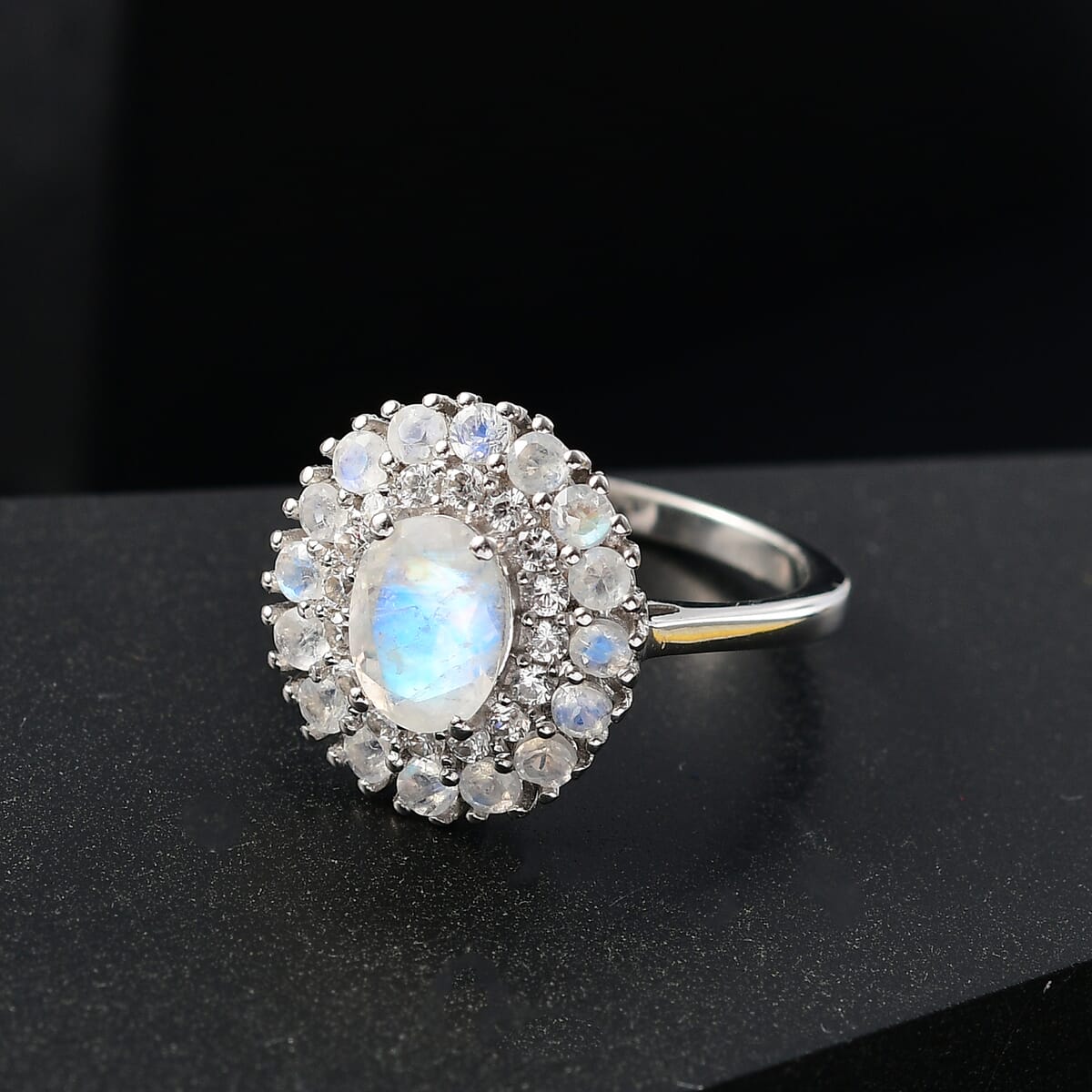D'Joy Moon Glow Moonstone and White Zircon 2.35 ctw Celestial Elegance Ring in Platinum Over Sterling Silver (Size 10.0) image number 1