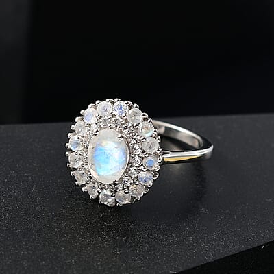 D'Joy Moon Glow Moonstone and White Zircon 2.35 ctw Celestial Elegance Ring in Platinum Over Sterling Silver (Size 10.0)