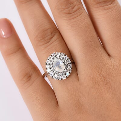 D'Joy Moon Glow Moonstone and White Zircon 2.35 ctw Celestial Elegance Ring in Platinum Over Sterling Silver (Size 10.0)