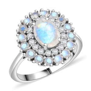 D'Joy Moon Glow Moonstone and White Zircon 2.35 ctw Celestial Elegance Ring in Platinum Over Sterling Silver (Size 7.0)