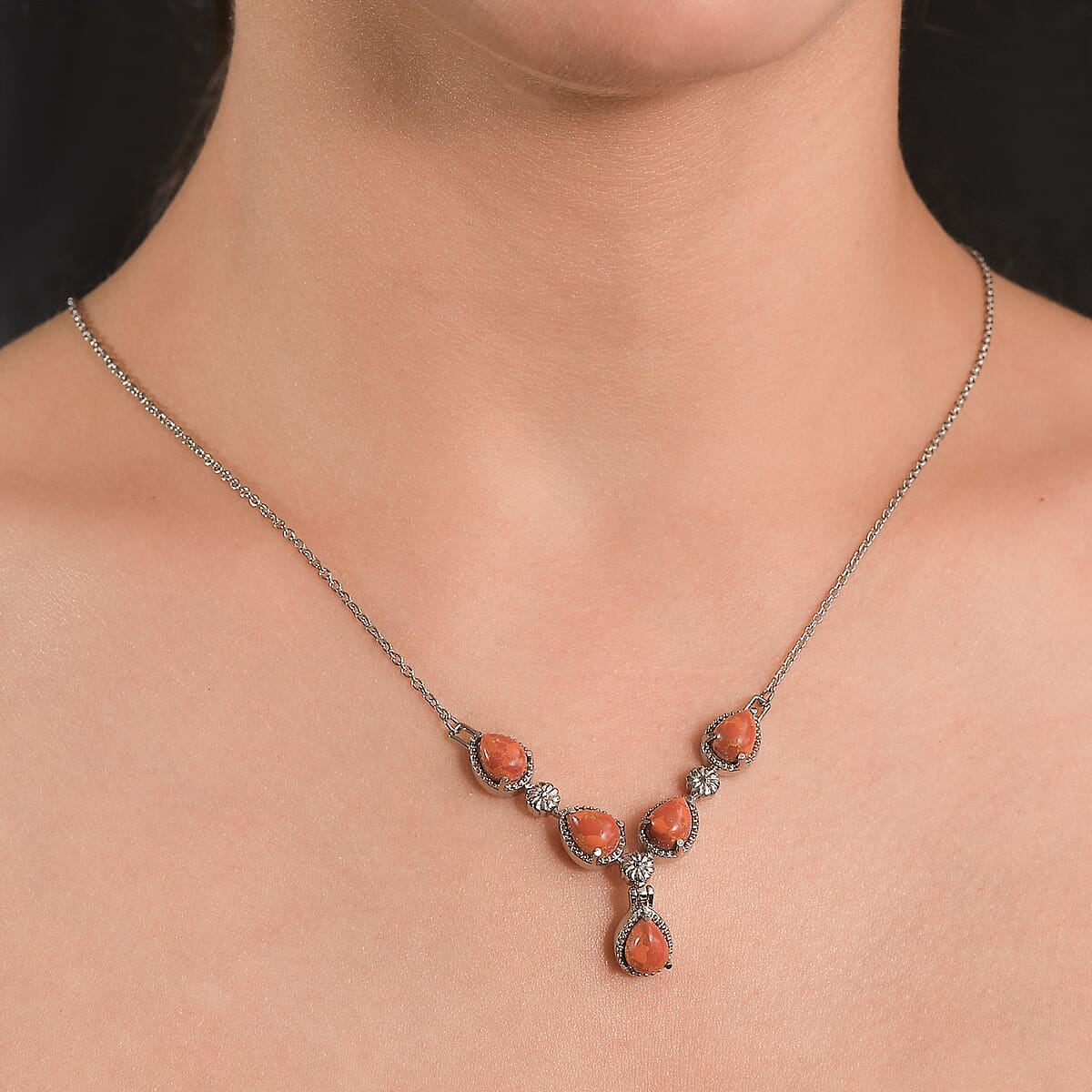 Mojave Orange Turquoise 6.50 ctw Necklace in Stainless Steel 18 Inches image number 2