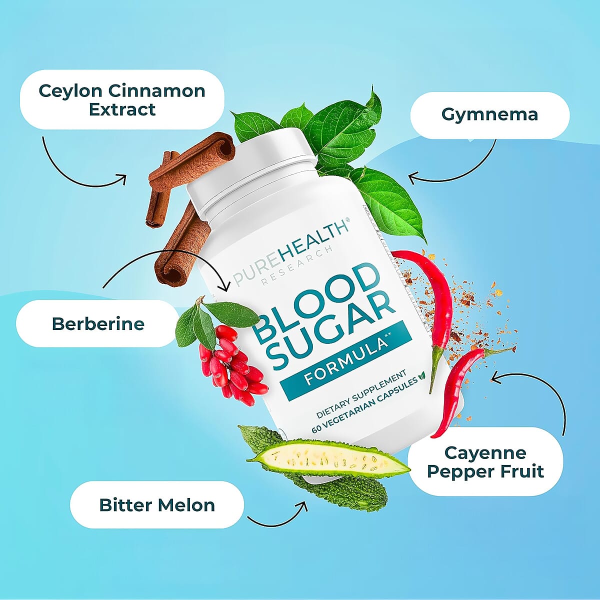 PureHealth Research Blood Sugar Dietary Supplement 60 Vegetarian Capsules image number 3