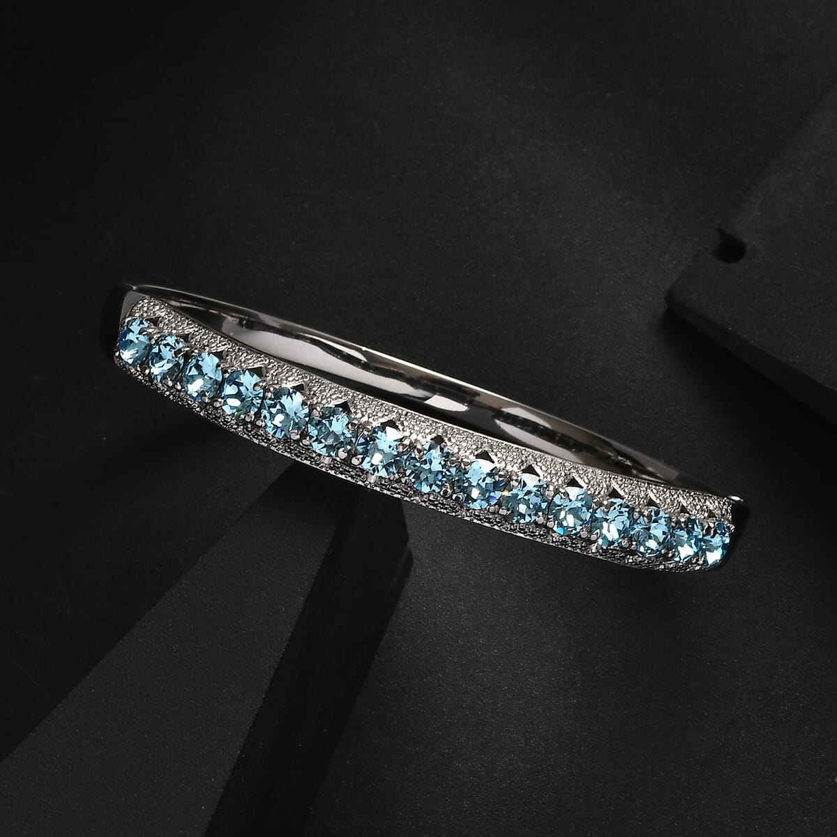 J Francis Embellished with Aquamarine Color Crystal by Swarovski Bangle Bracelet in Stainless Steel (7.50 in) image number 1
