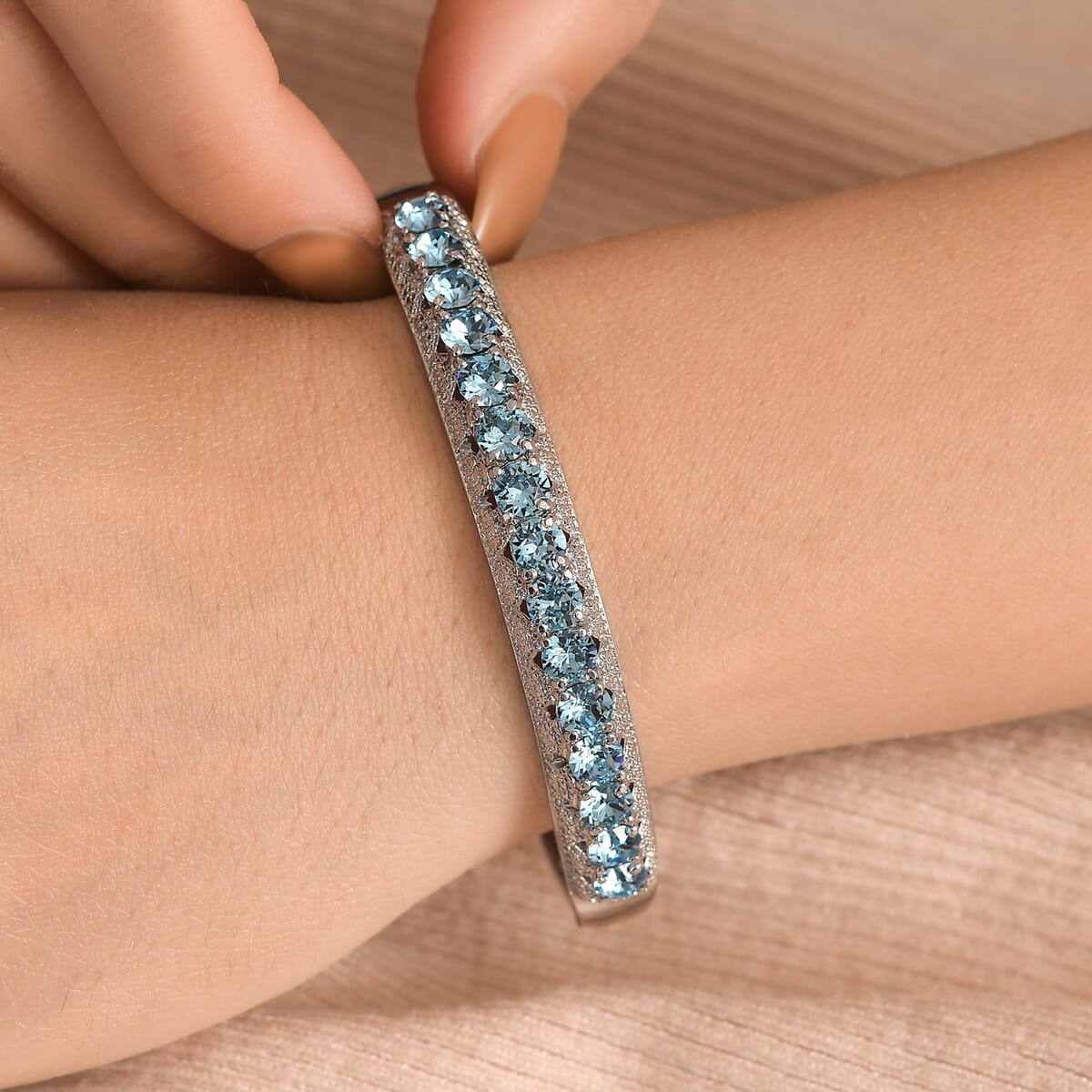 J Francis Embellished with Aquamarine Color Crystal by Swarovski Bangle Bracelet in Stainless Steel (7.50 in) image number 2