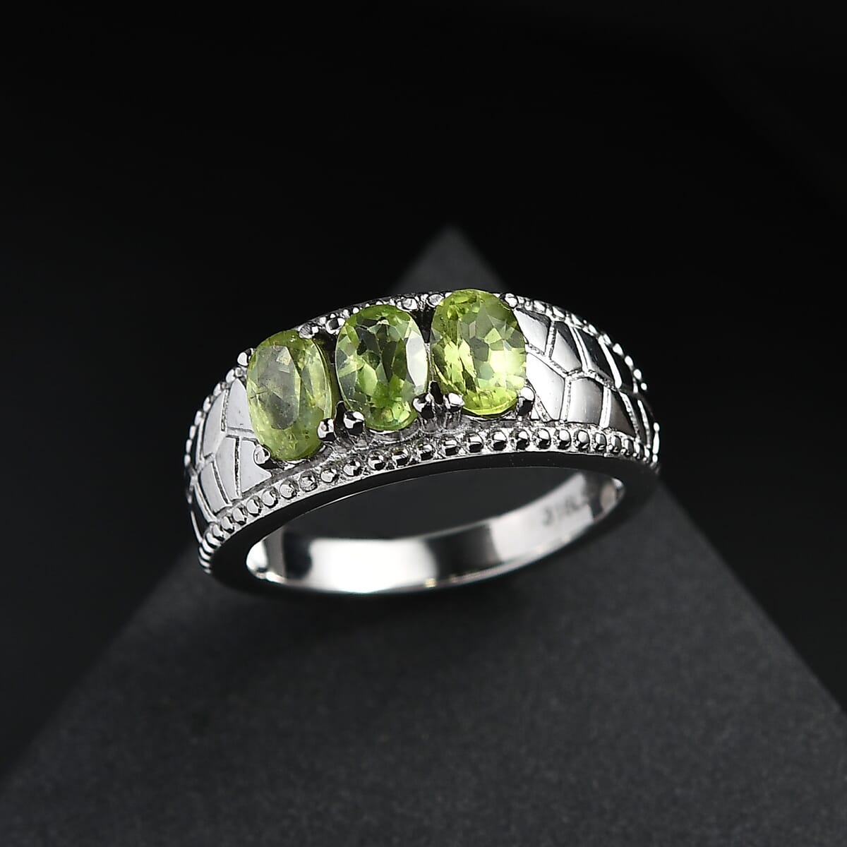 Peridot 1.40 ctw 3 Stone Ring in Stainless Steel (Size 10.0) image number 1