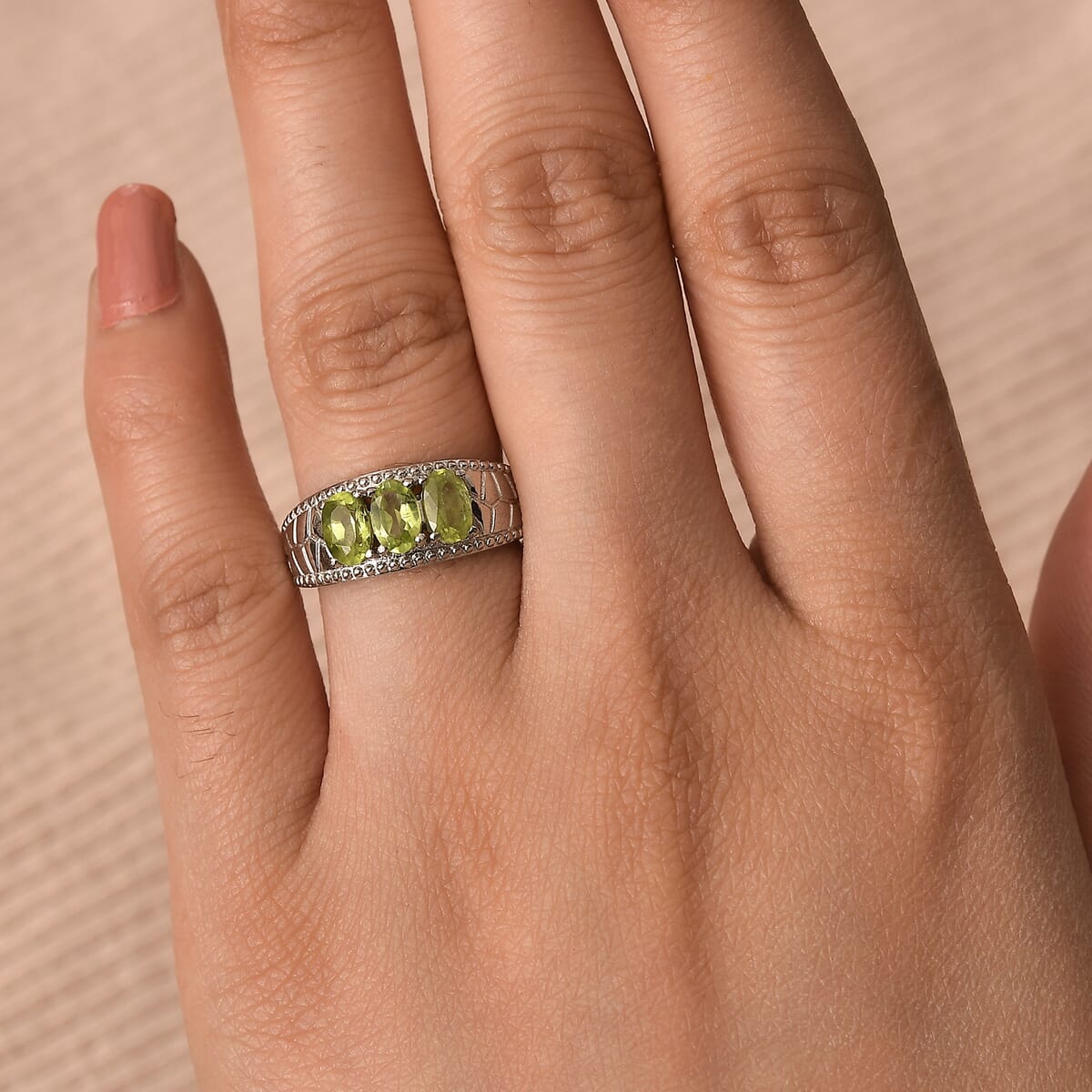 Peridot 1.40 ctw 3 Stone Ring in Stainless Steel (Size 6.0) image number 2