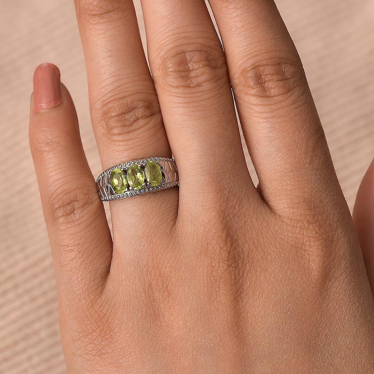 Peridot 1.40 ctw 3 Stone Ring in Stainless Steel (Size 7.0) image number 2