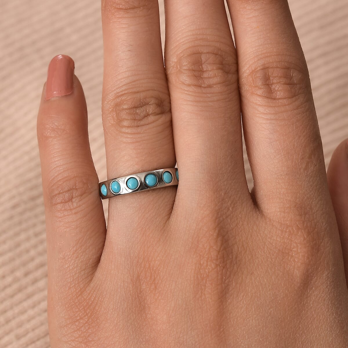 Sleeping Beauty Turquoise Band Ring in Stainless Steel (Size 10.0) 0.80 ctw image number 2