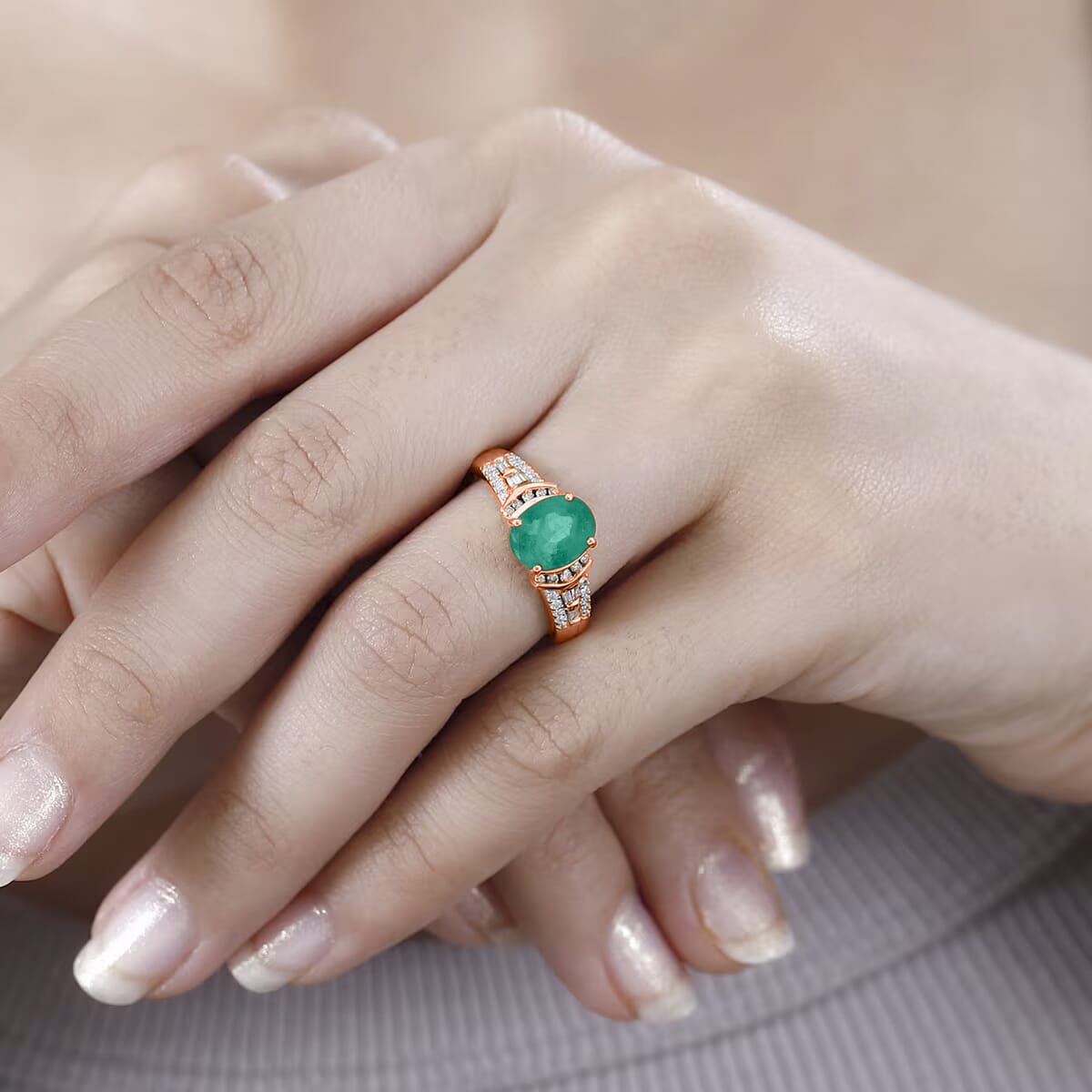 Kagem Zambian Emerald, Natural Champagne and White Diamond 2.23 ctw Ring in 18K Vermeil Rose Gold Over Sterling Silver (Size 10.0) image number 1
