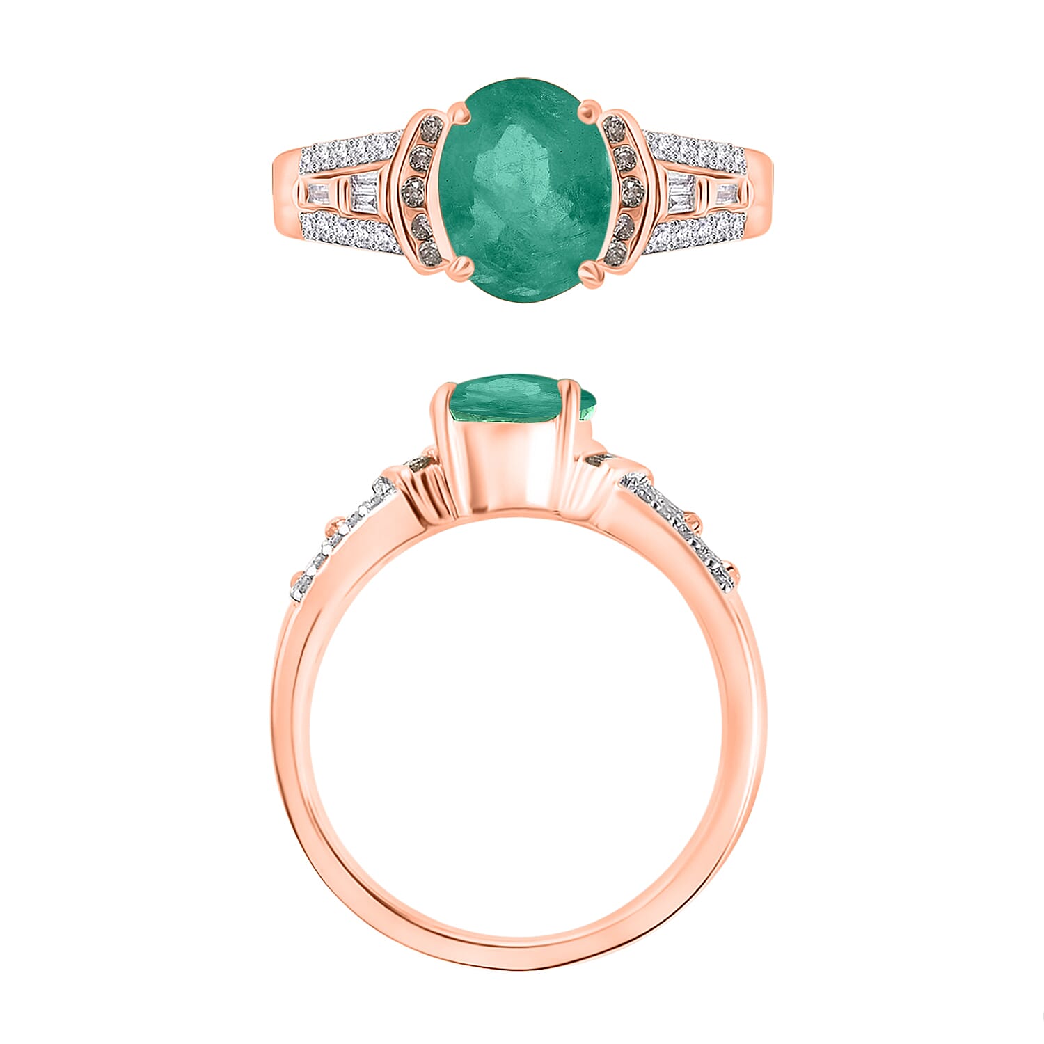 Kagem Zambian Emerald, Natural Champagne and White Diamond 2.23 ctw Ring in 18K Vermeil Rose Gold Over Sterling Silver (Size 10.0)