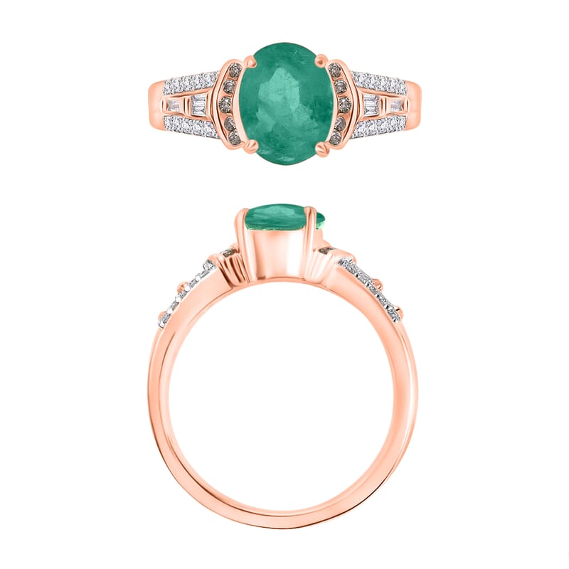 Kagem Zambian Emerald, Natural Champagne and White Diamond 2.23 ctw Ring in 18K Vermeil Rose Gold Over Sterling Silver (Size 10.0)