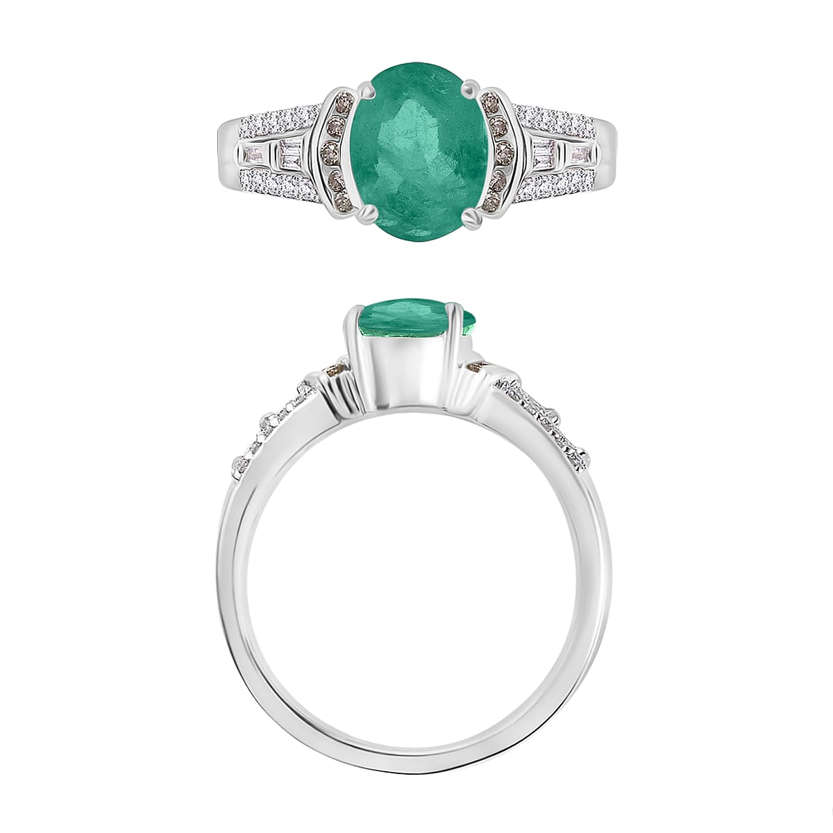 Kagem Zambian Emerald, Natural Champagne and White Diamond 2.23 ctw Ring in Rhodium Over Sterling Silver (Size 6.5) (Del. in 10-12 Days) image number 3