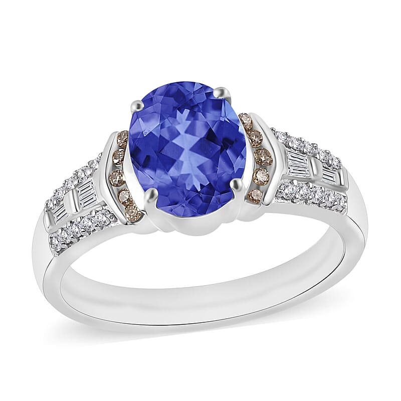 Luxoro AAA Tanzanite, Natural Champagne and White Diamond I2 2.23 ctw Ring in 14K White Gold (Size 10.0) 6 Grams