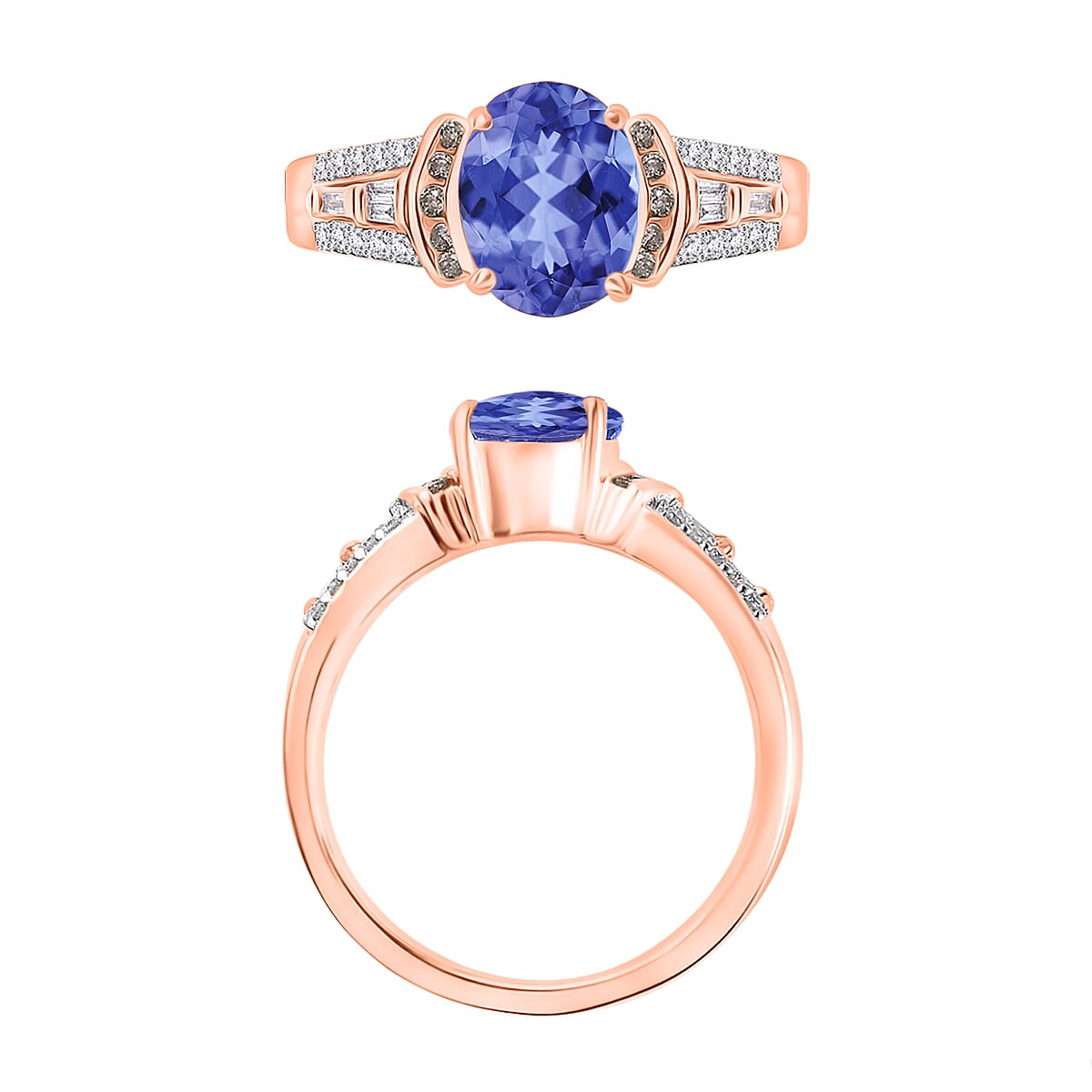 Luxoro Premium Tanzanite, Natural Champagne and White Diamond I2 2.23 ctw Ring in 10K Rose Gold (Size 10.5) (Del. in 10-12 Days) image number 3