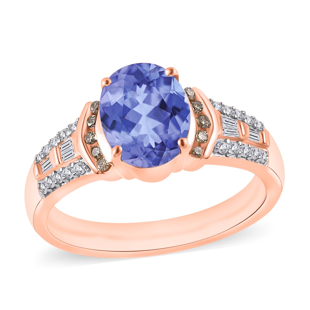 Tanzanite, Natural Champagne and White Diamond 2.23 ctw Ring in 18K Vermeil Rose Gold Over Sterling Silver (Size 10.0) image number 0