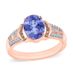 Tanzanite, Natural Champagne and White Diamond 2.23 ctw Ring in 18K Vermeil Rose Gold Over Sterling Silver (Size 10.0)