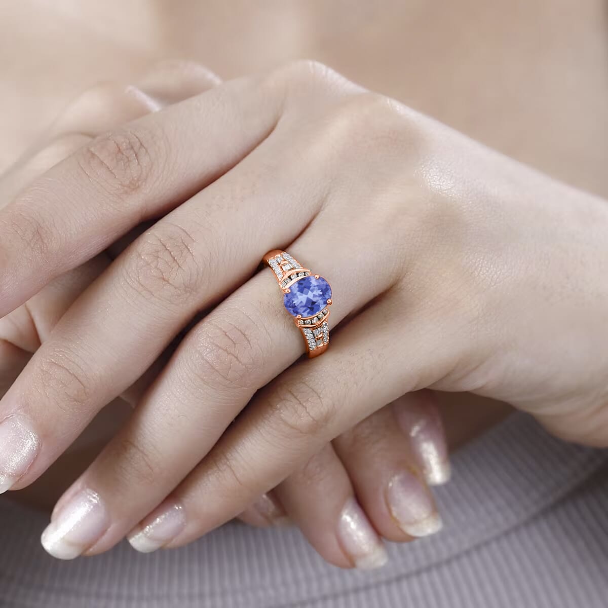 Tanzanite, Natural Champagne and White Diamond 2.23 ctw Ring in 18K Vermeil Rose Gold Over Sterling Silver (Size 10.0) image number 1