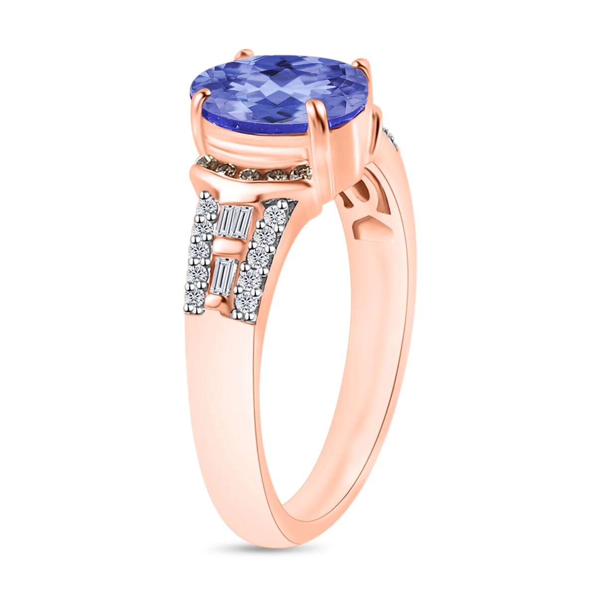 Tanzanite, Natural Champagne and White Diamond 2.23 ctw Ring in 18K Vermeil Rose Gold Over Sterling Silver (Size 10.0) image number 2
