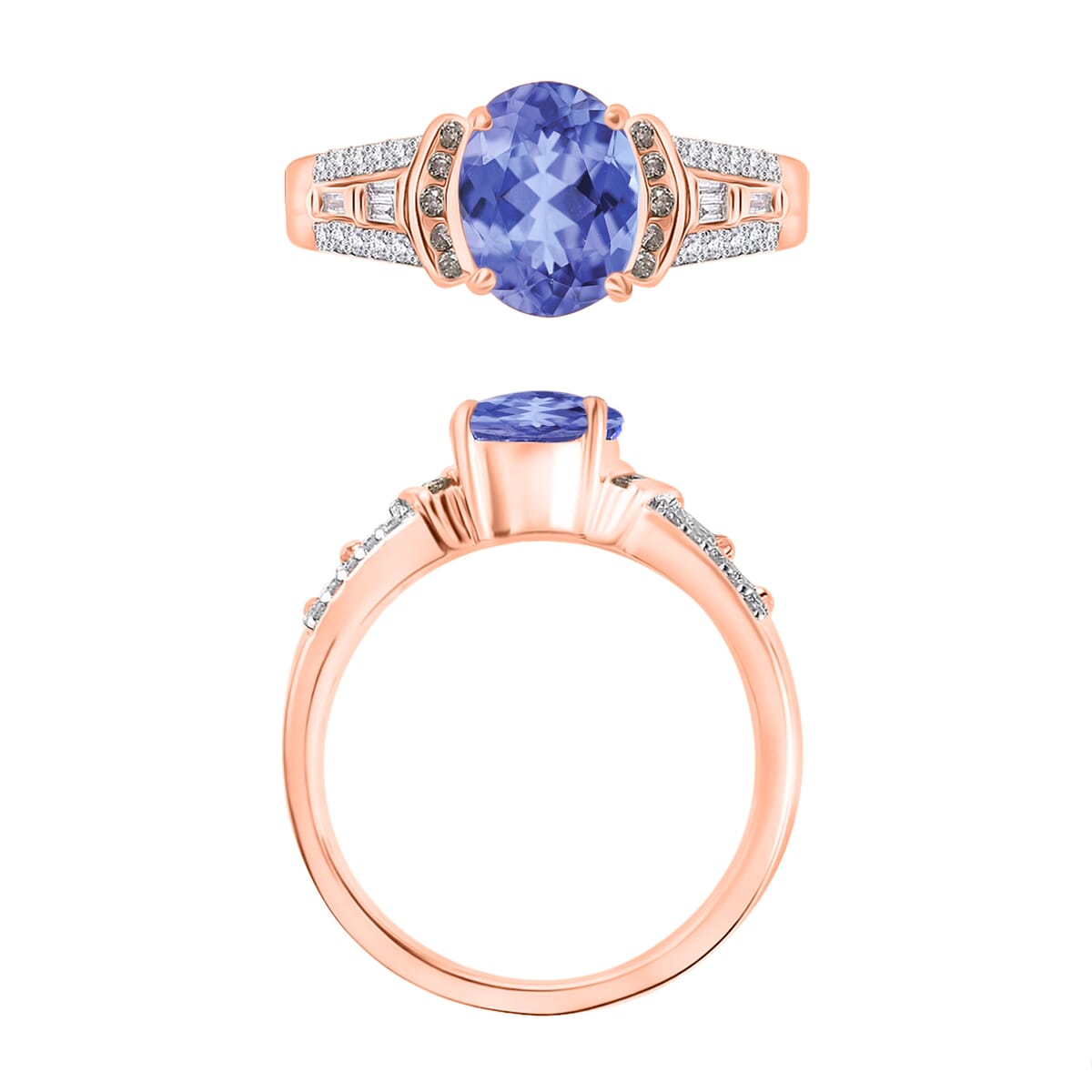 Tanzanite, Natural Champagne and White Diamond 2.23 ctw Ring in 18K Vermeil Rose Gold Over Sterling Silver (Size 10.0) image number 3