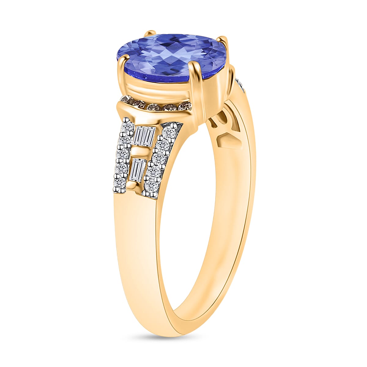 Tanzanite, Natural Champagne and White Diamond 2.23 ctw Ring in 18K Vermeil Yellow Gold Over Sterling Silver (Size 5.0) (Del. in 10-12 Days) image number 2