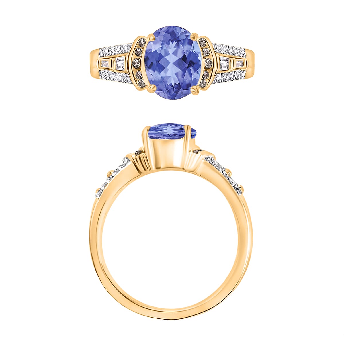 Tanzanite, Natural Champagne and White Diamond 2.23 ctw Ring in 18K Vermeil Yellow Gold Over Sterling Silver (Size 7.5) (Del. in 10-12 Days) image number 3
