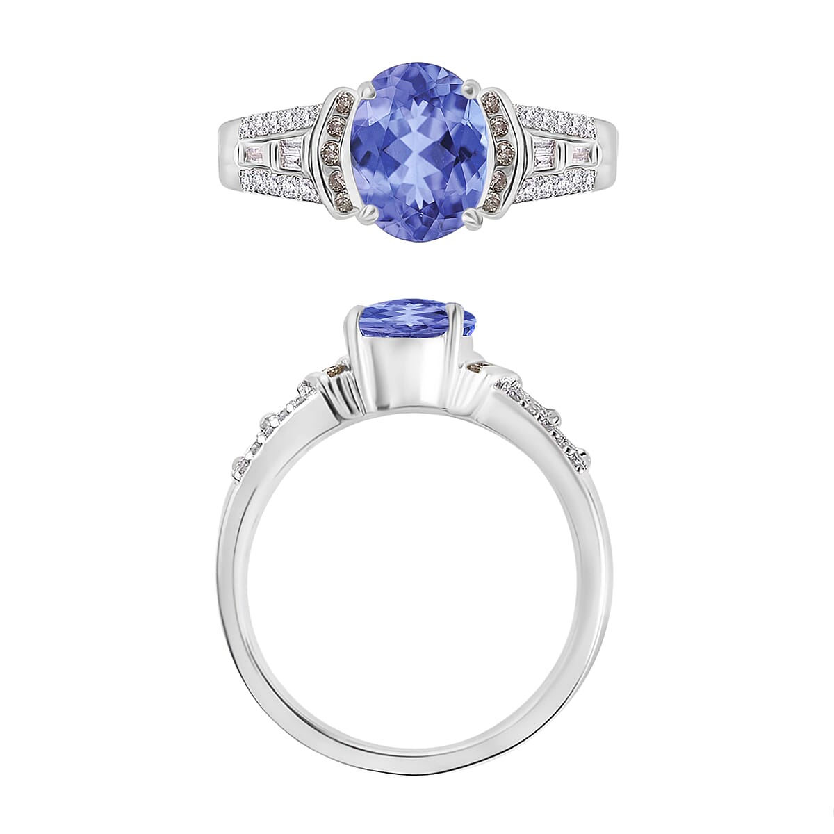 Tanzanite, Natural Champagne and White Diamond 2.23 ctw Ring in Rhodium Over Sterling Silver (Size 12.0) (Del. in 10-12 Days) image number 3