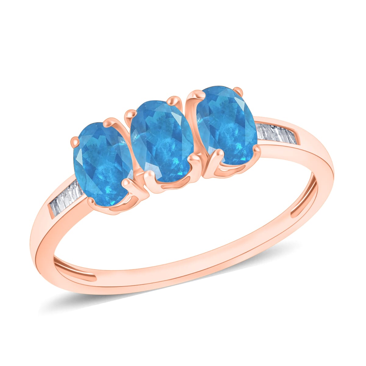 Malgache Neon Apatite and Diamond 3 Stone Ring in 18K Vermeil Rose Gold Over Sterling Silver (Size 10.0) 1.41 ctw image number 0